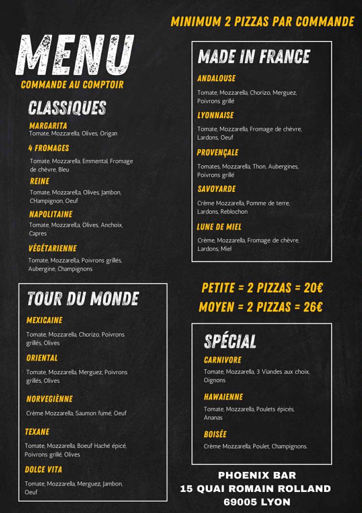 Menu food phoenix bar